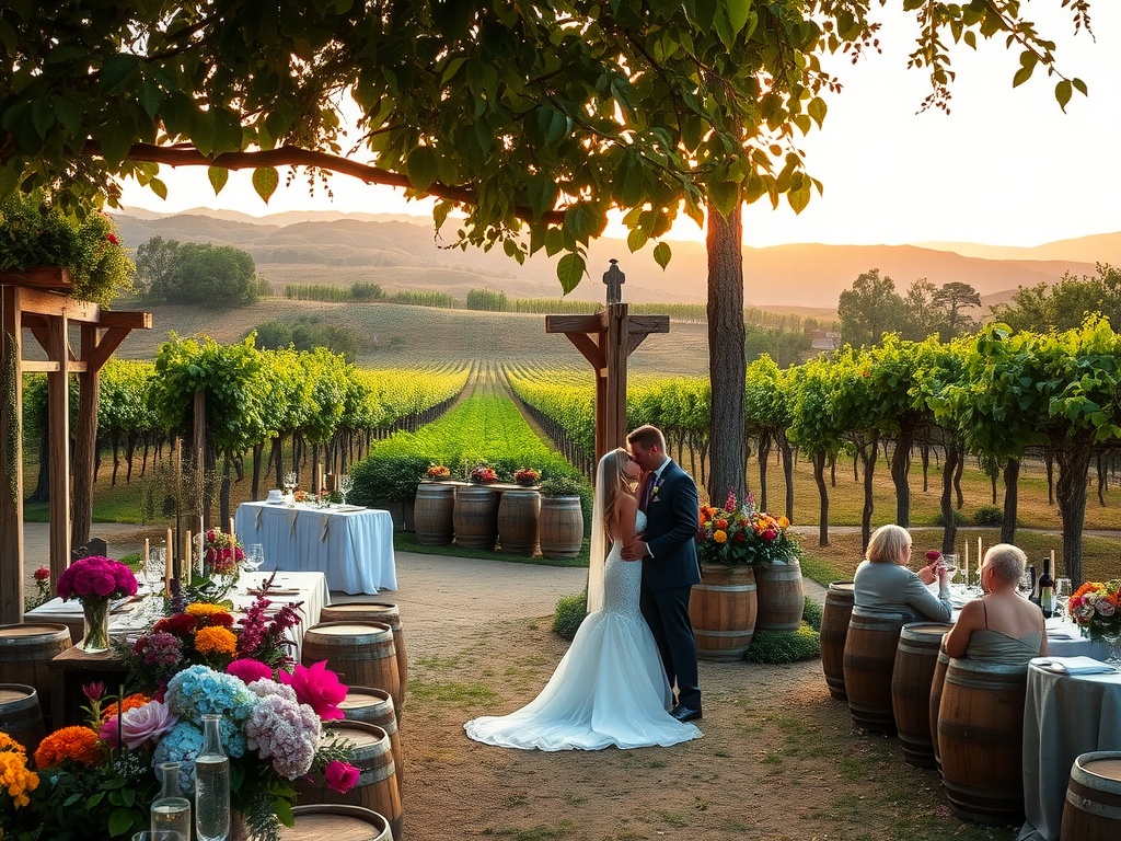 A couple sharing a kiss at their vineyard wedding, surrounded by beautiful scenery and guests.