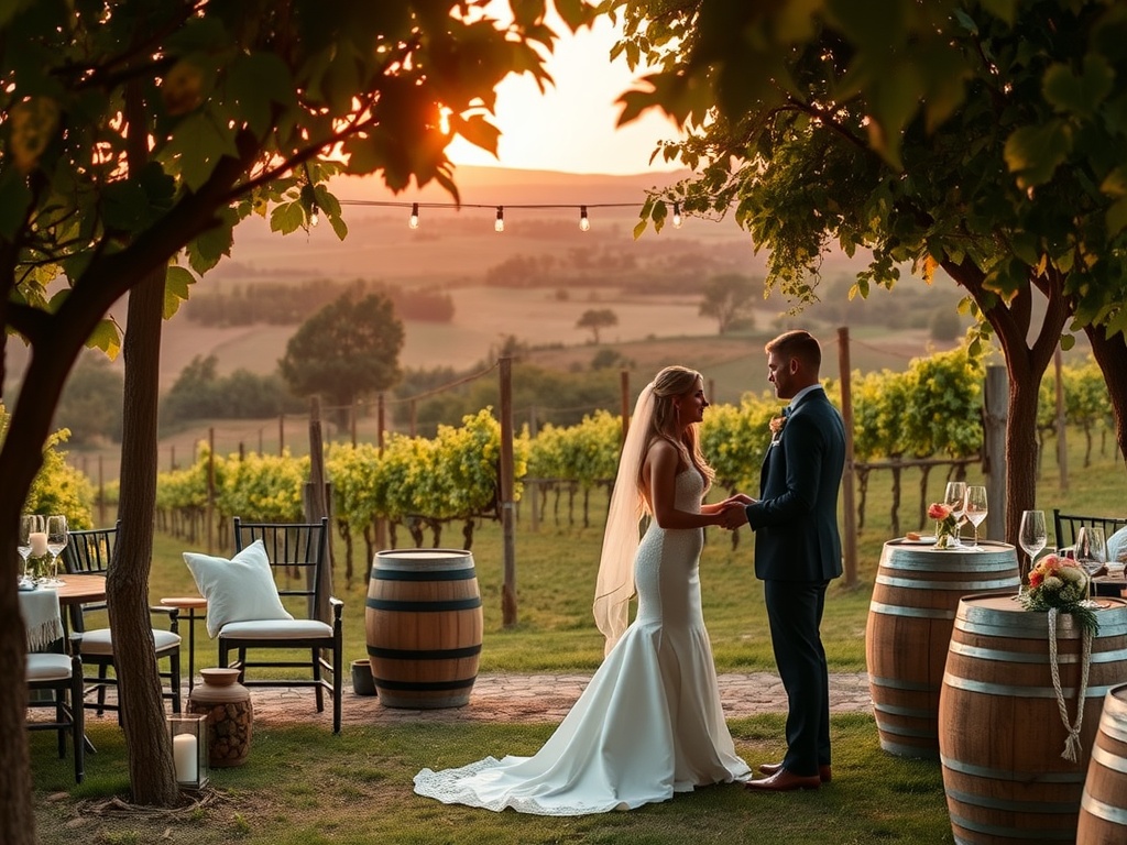 Couple exchanging vows in a vineyard during sunset