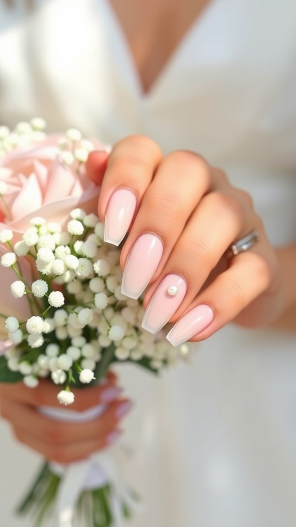 Wedding day nails in translucent pink with a pearl detail, holding a bouquet of flowers.