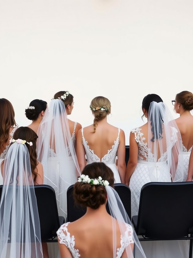 A group of brides from the back, showcasing different styles of veils and hairstyles.