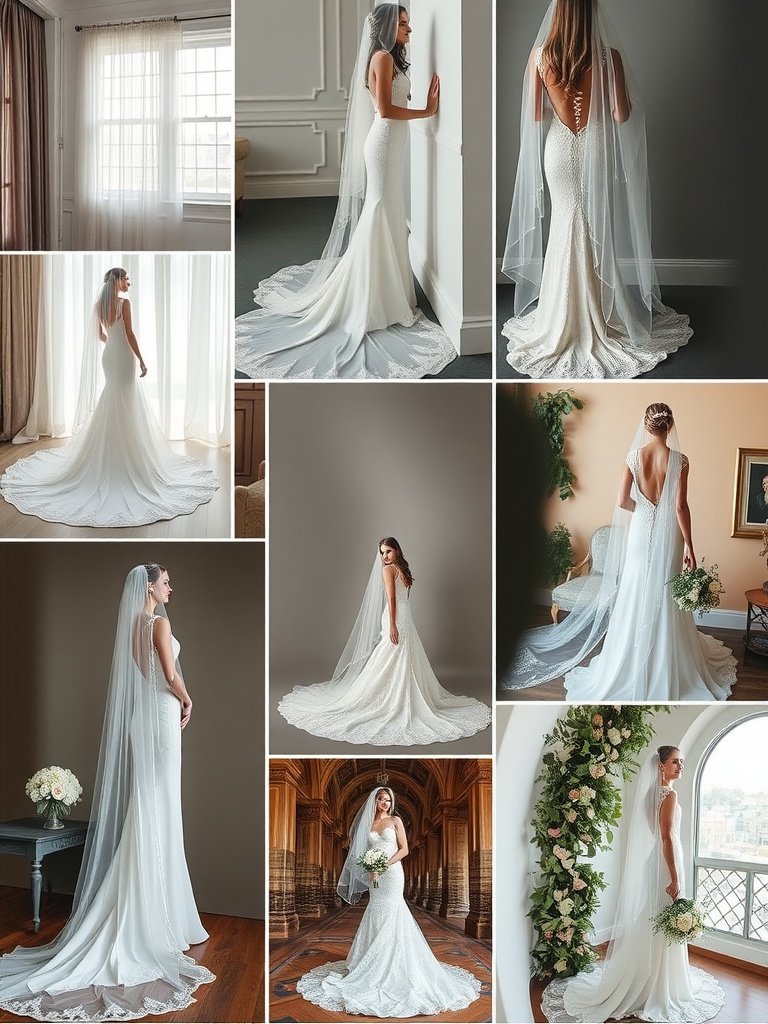 Various brides showcasing different bridal veil styles and lengths with their wedding dresses.
