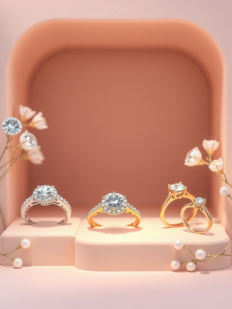 A collection of lab-grown diamond engagement rings displayed elegantly with soft floral accents.