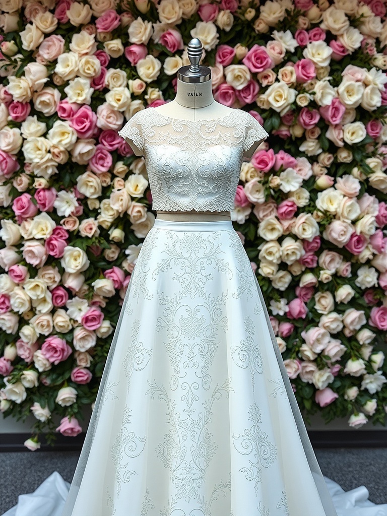 A two-piece wedding dress featuring a lace crop top and a flowing skirt, displayed against a floral backdrop.