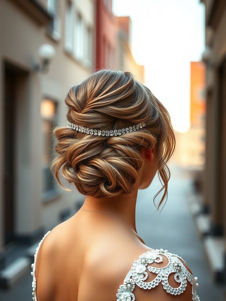 Stylish updo hairstyle with a sparkling hair chain