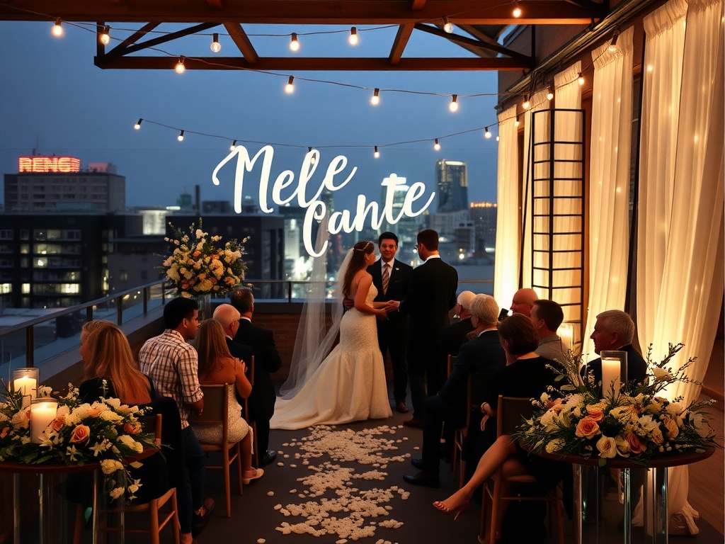 A rooftop wedding ceremony with string lights, floral arrangements, and a city skyline backdrop.