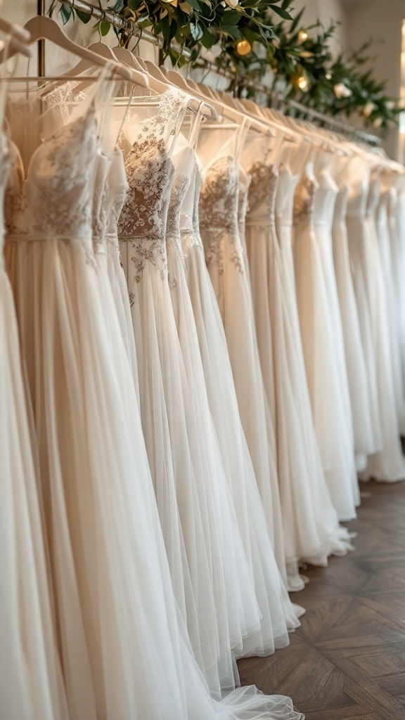 A row of elegant wedding dresses hanging in a bridal store, showcasing various styles and fabrics.