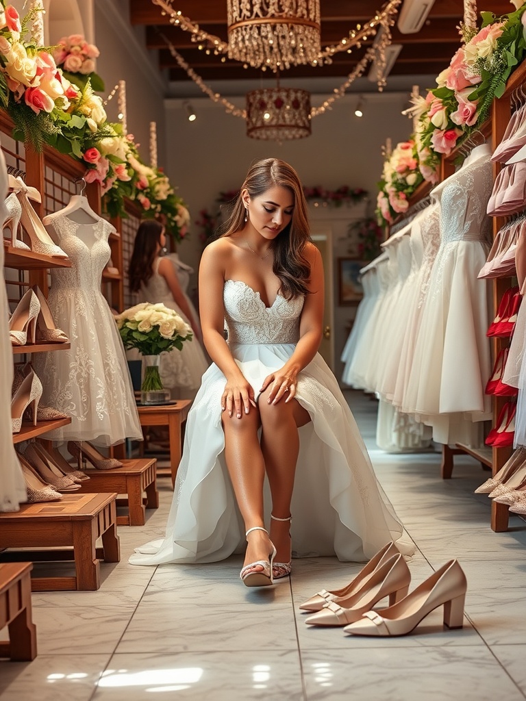 A bride in a boutique trying on bridal shoes with wedding dresses in the background.