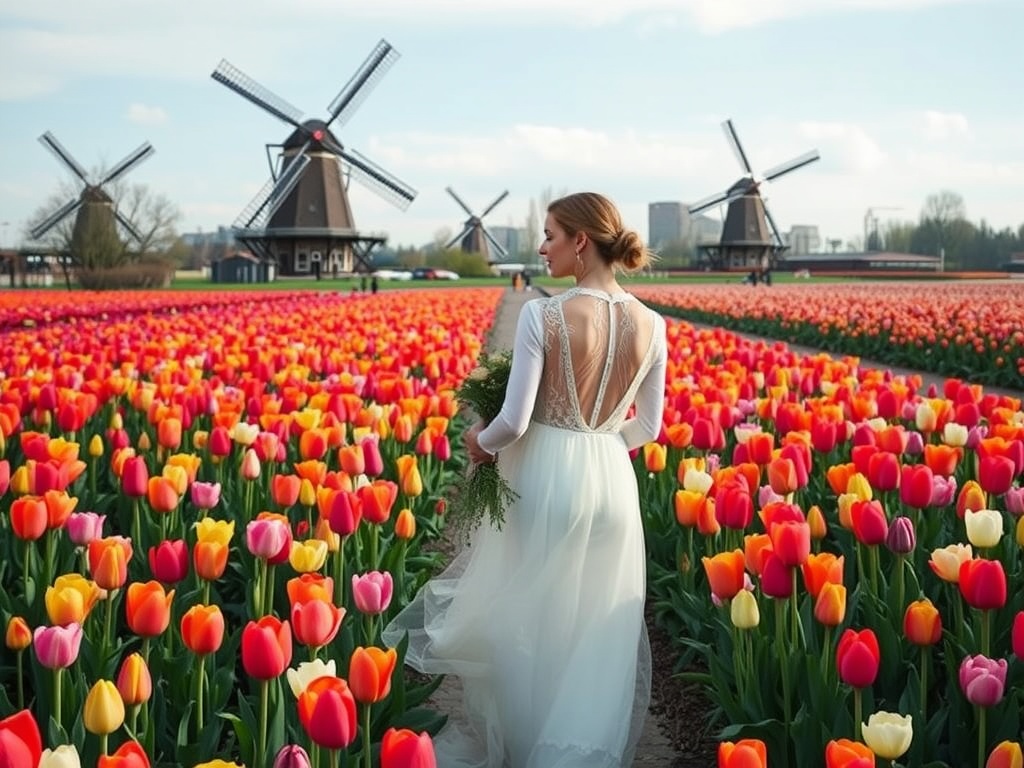 A bride in a flowing white dress standing in a vibrant tulip field in Keukenhof, Netherlands, with windmills in the background.