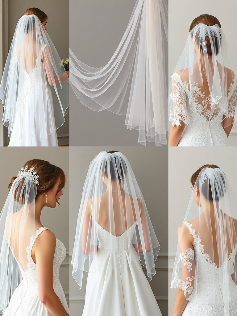 A collage of bridal veils made from tulle and lace, showcasing various styles and designs.