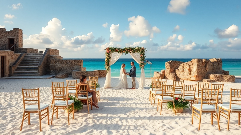 Couple exchanging vows on Tulum beach with ancient ruins in the background