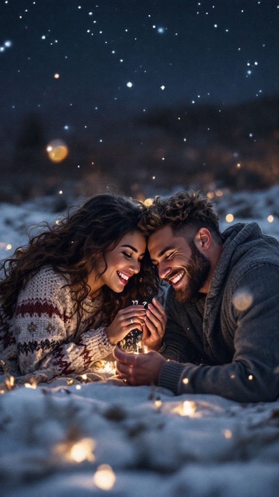 A romantic proposal scene under a starry sky, featuring a couple exchanging a sparkler.
