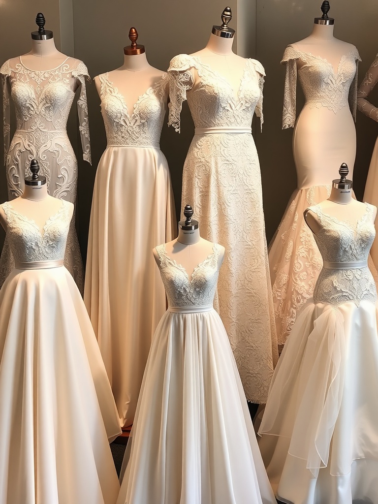 An array of bridal dresses displayed with various jewelry options to showcase how to match accessories to dress styles.