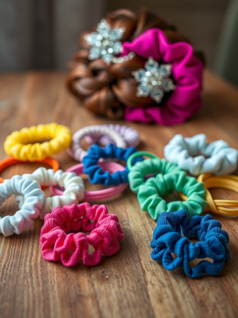 Colorful scrunchies and a detailed updo hairstyle
