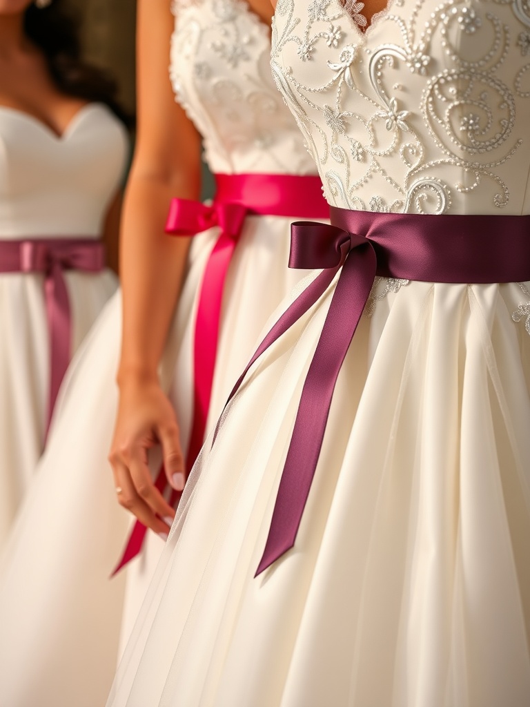 Brides wearing white wedding dresses with colorful sashes in contrasting colors, showcasing different styles and widths.