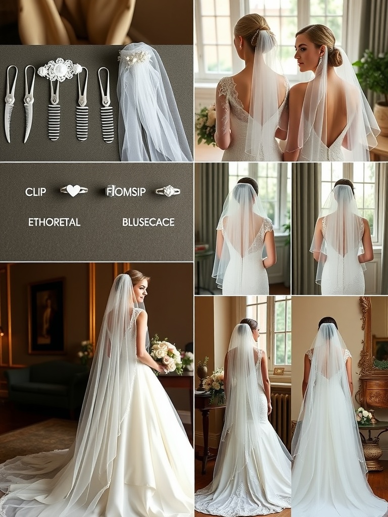 A selection of bridal veil attachment options, showcasing different styles and lengths, along with brides wearing veils with various dress silhouettes.