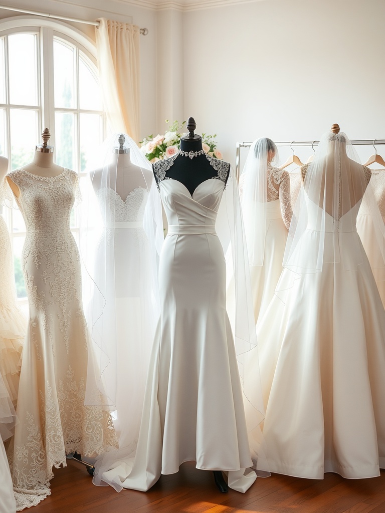 A collection of elegant wedding dresses on mannequins, each paired with different styles of veils.