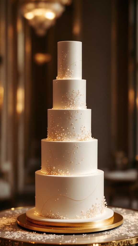 A luxury wedding cake with five white tiers, decorated with delicate embellishments and gold accents.