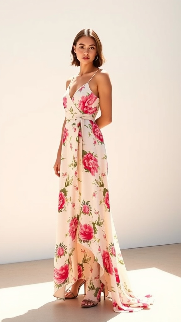 A model wearing a floral asymmetrical dress with a longer back, perfect for summer weddings