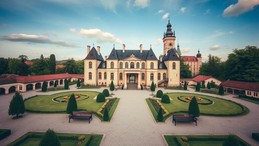 A couple at their wedding ceremony in front of a grand castle in the Czech Republic, with guests seated and a drone capturing the moment.