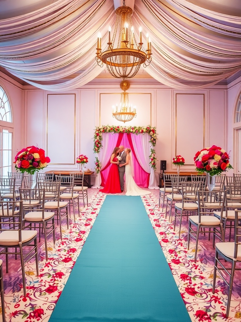 Two colored wedding dresses on display, one pink and one blush, surrounded by floral decorations.
