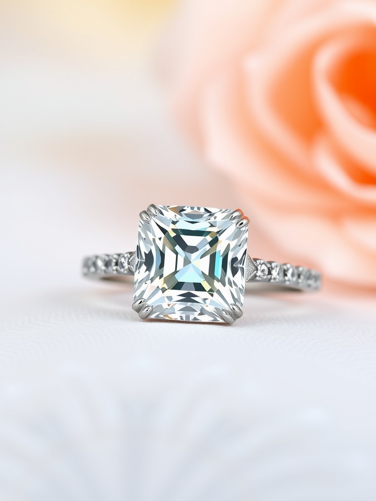 A beautiful cushion cut engagement ring with a delicate band and sparkling diamonds, set against a soft background.