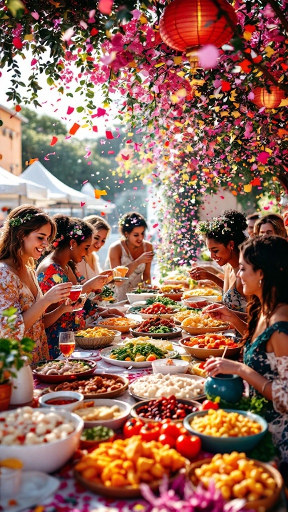 A vibrant food station with various dishes and guests enjoying the culinary exploration