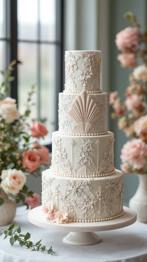 A vintage wedding cake with intricate floral designs and geometric shapes, complementing soft pink roses.
