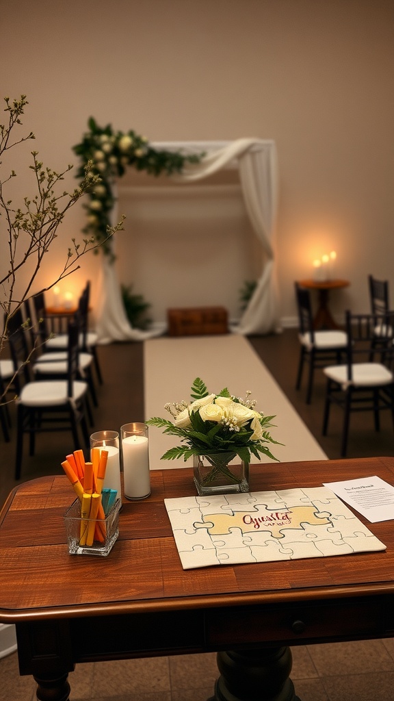 A wedding guest book table featuring a puzzle guest book, colorful pens, candles, and floral decor.