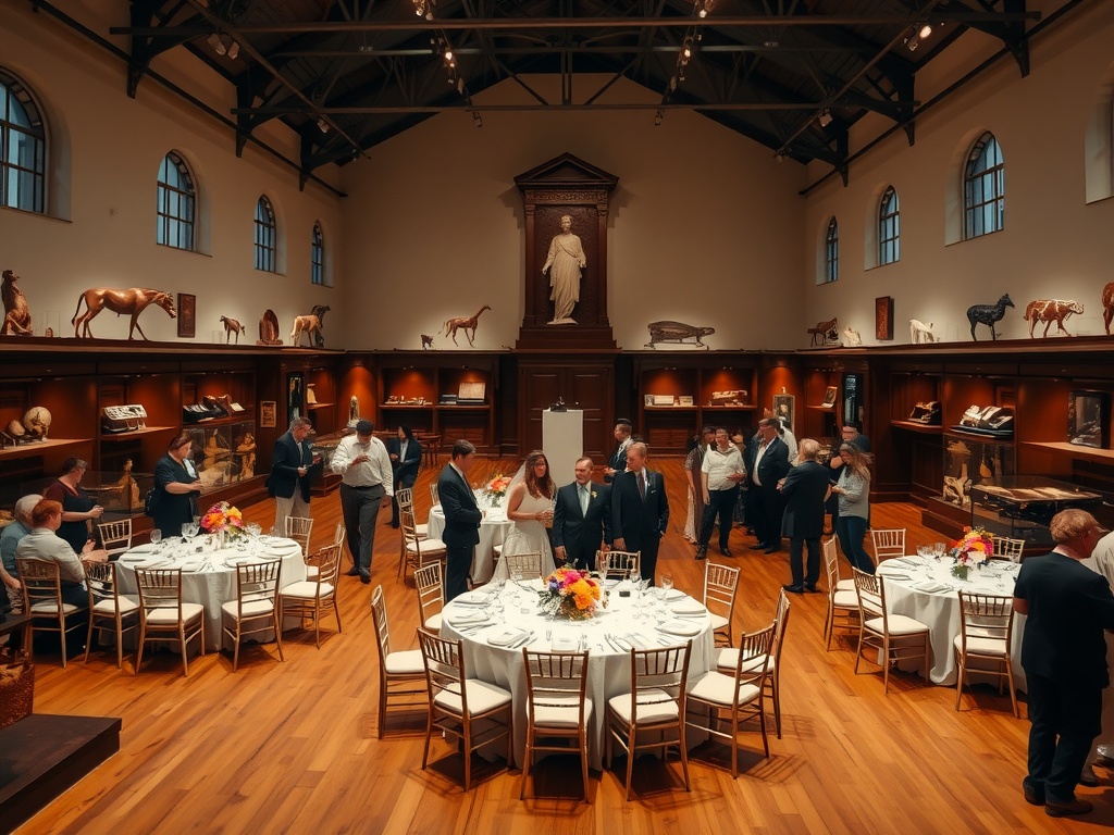 A vibrant wedding reception in a museum with guests mingling and a city skyline view at night.