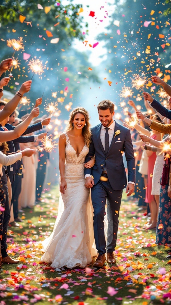 Newlyweds walking through a crowd of guests holding sparklers and confetti, celebrating their wedding send-off.