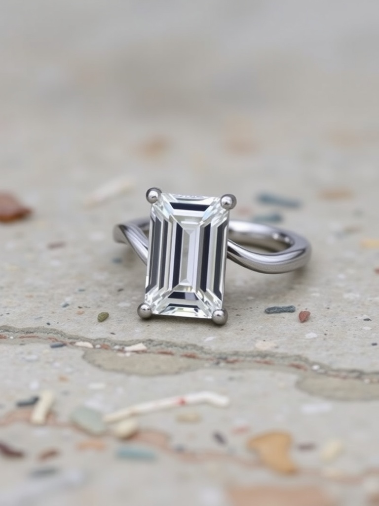 Unique twisted band emerald cut diamond engagement ring