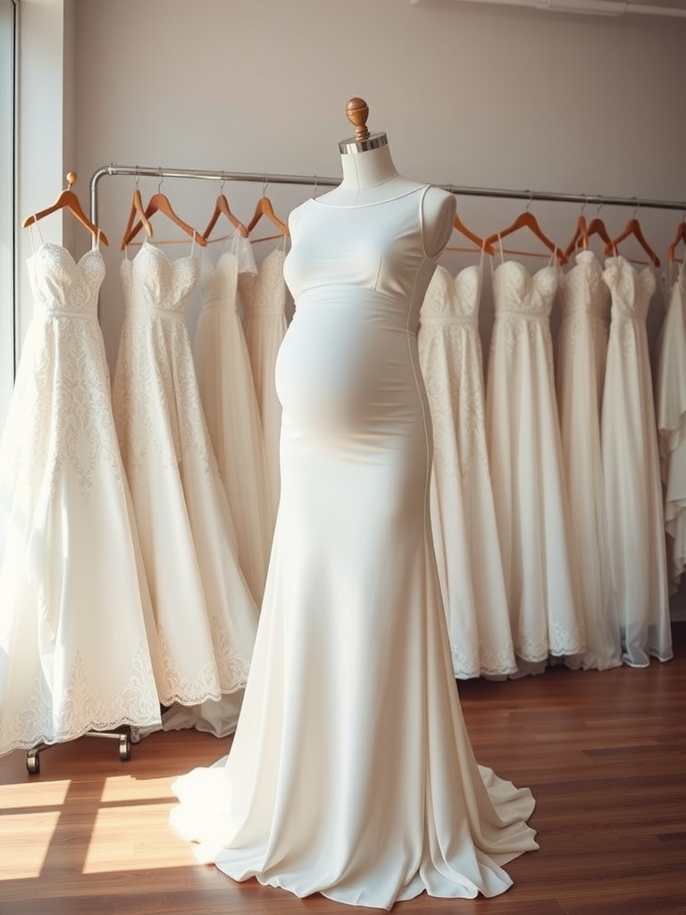 A mannequin displaying a simple, elegant wedding dress designed for a pregnant bride, in front of a rack of traditional wedding gowns.