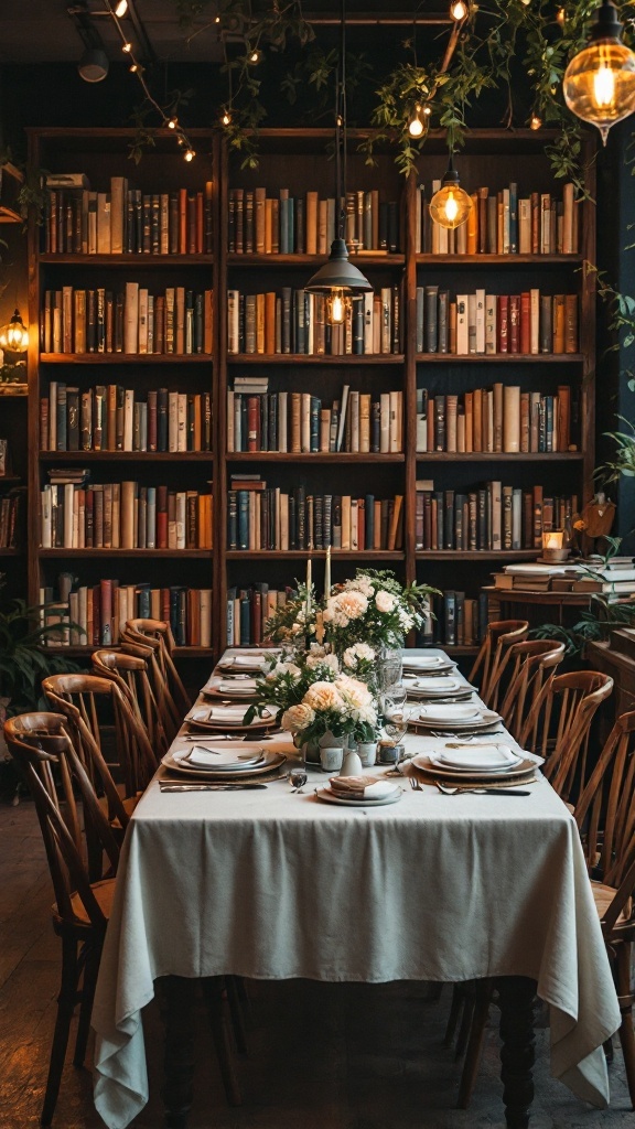 A beautifully set dining table in a cozy library venue, surrounded by books and warm lighting.