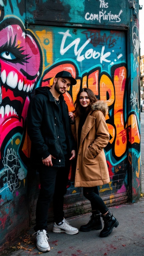 A couple standing in front of colorful graffiti on a city wall, embodying an urban and unconventional engagement photo vibe.