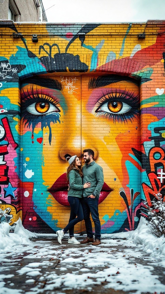 A couple poses in front of colorful street art, embracing each other with a vibrant mural in the background.