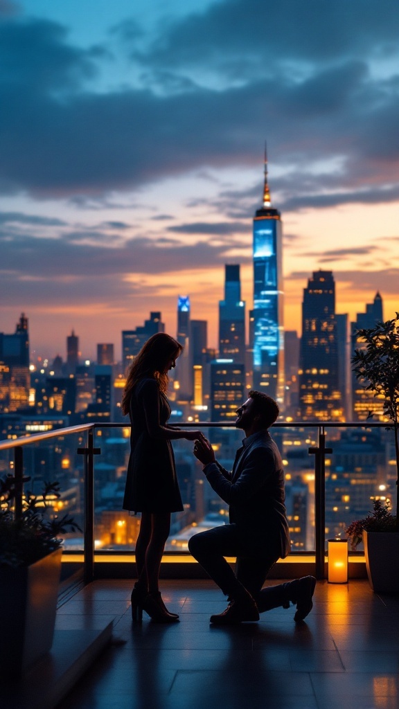 A man proposing to a woman on an urban rooftop at sunset, with a city skyline in the background.