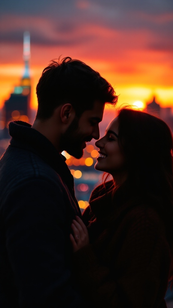 A young couple sharing a tender moment with a city skyline and sunset in the background.