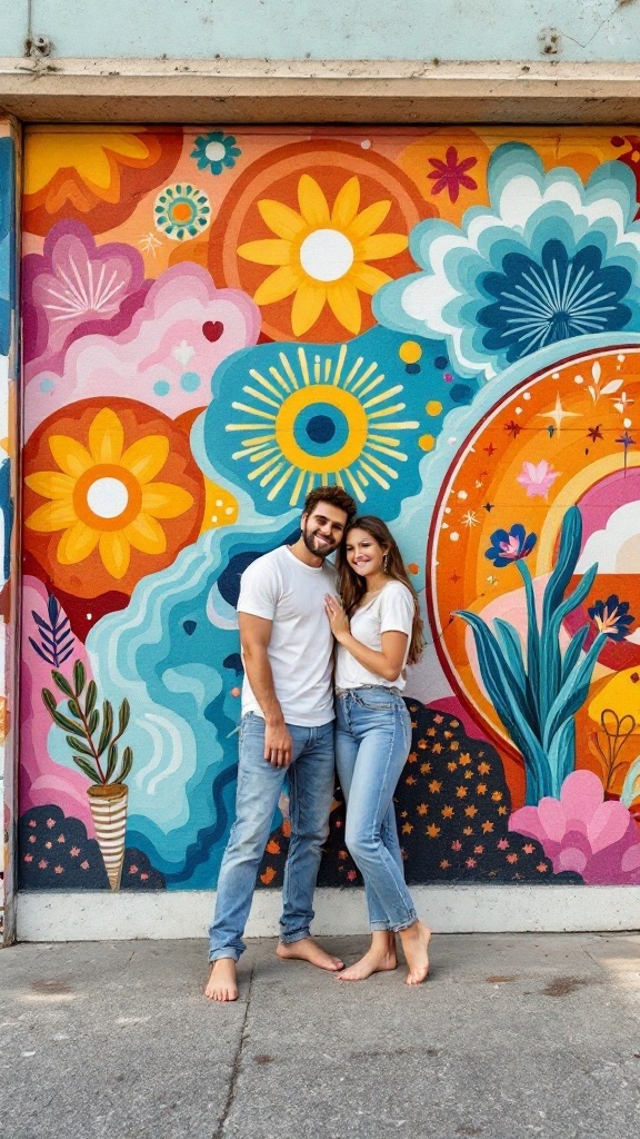 Couple posing in front of a colorful street art mural, showcasing vibrant flowers and patterns.