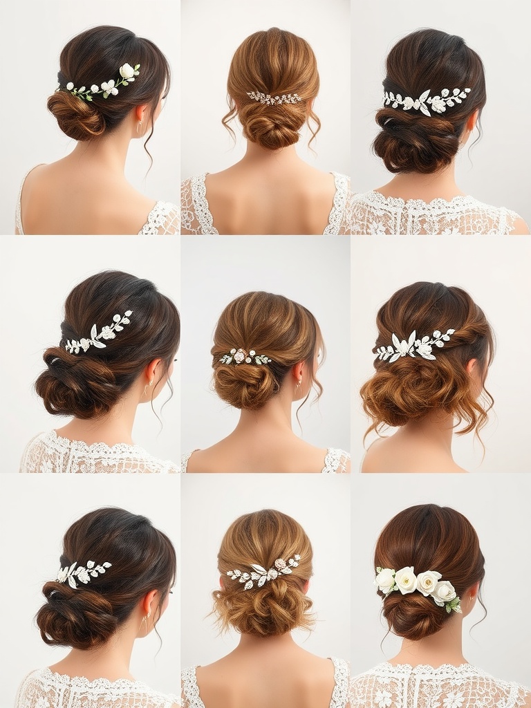 A collage of hairstyles featuring decorative barrettes in various styles for wedding looks.
