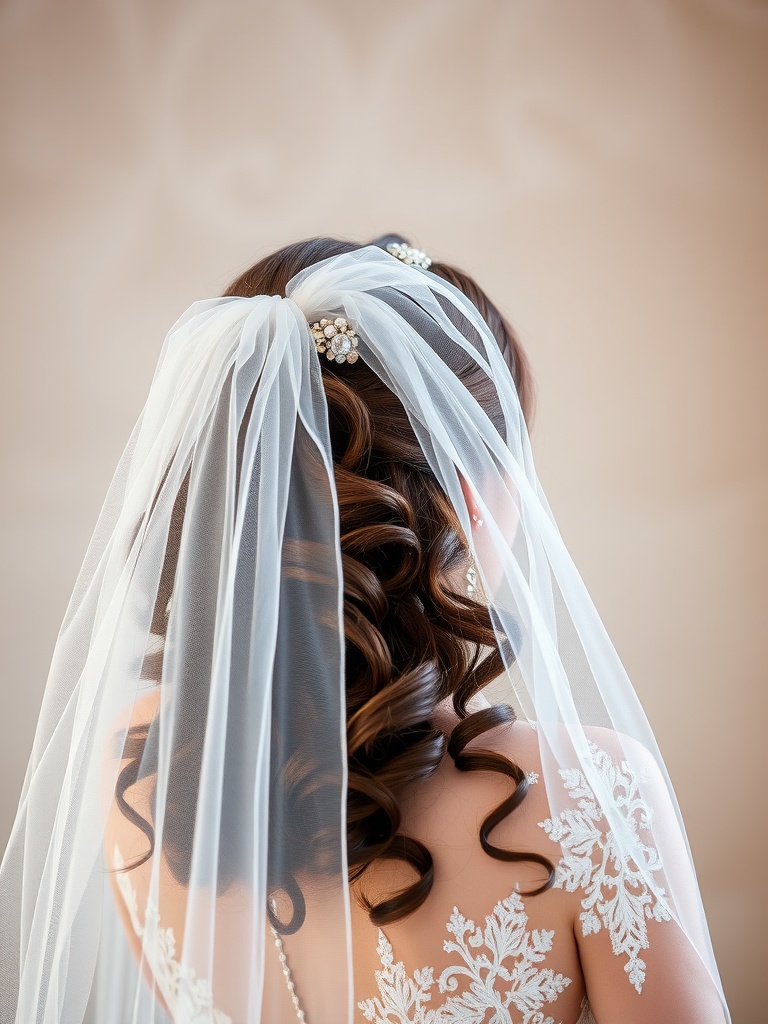 A bride showcasing a delicate veil paired with elegant hair accessories, highlighting soft curls.