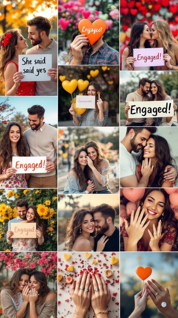 A collage of couples celebrating their engagement with joyful poses and signs