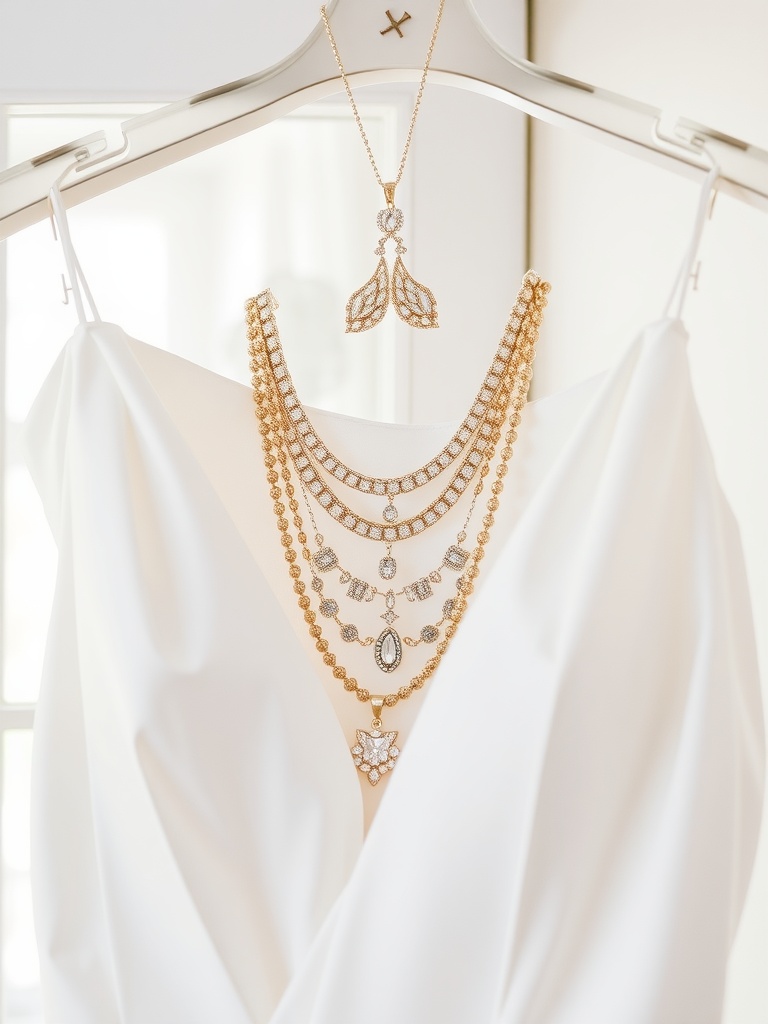 A delicate V-neck wedding dress displayed with layered gold necklaces and an elegant pendant.