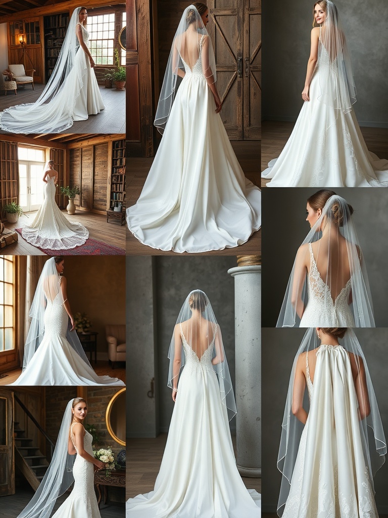 Different styles of wedding veils including cathedral, fingertip, and birdcage veils, paired with elegant bridal gowns.