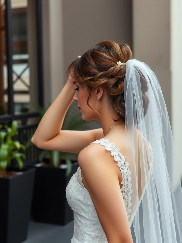 Bride styling a bridal veil with an elegant hairstyle.