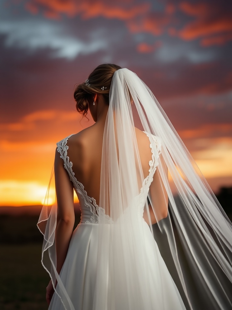 A bride with a veil standing against a sunset backdrop