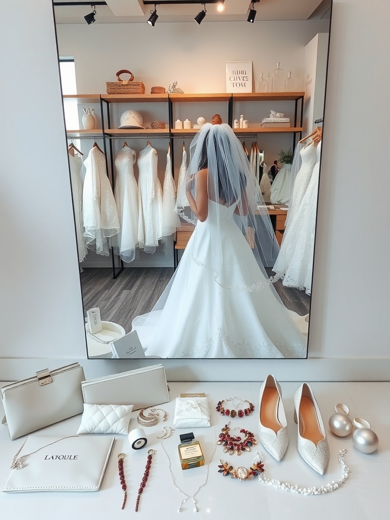 A bride in a fitting room with a veil, surrounded by wedding dresses and bridal accessories.