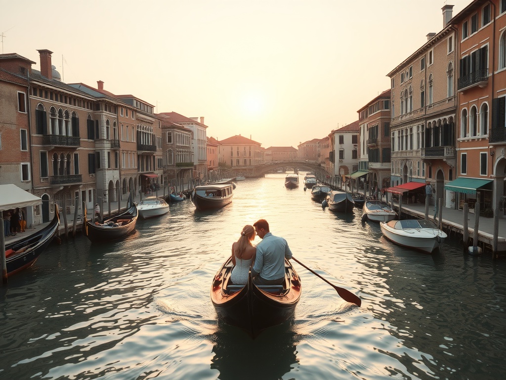 A couple enjoying a romantic moment in a gondola on the Venetian canals at sunset.