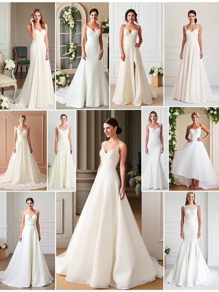 A collage of fit and flare wedding dresses showcasing different styles and details.