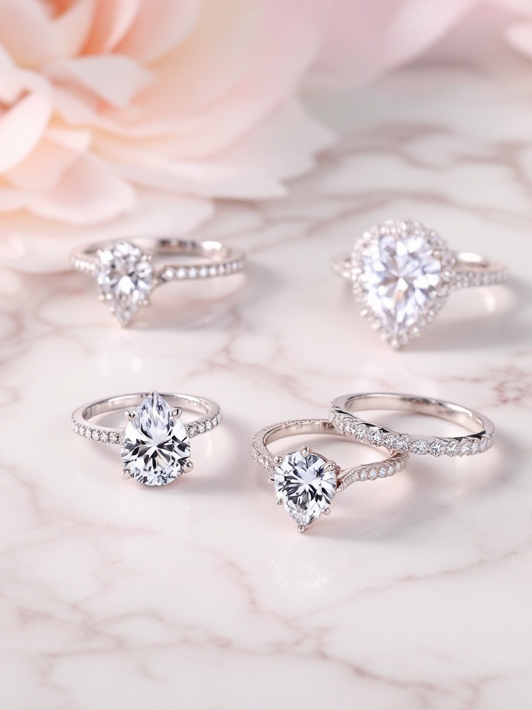 A collection of pear-shaped engagement rings displayed on a marble surface, showcasing various designs and settings.