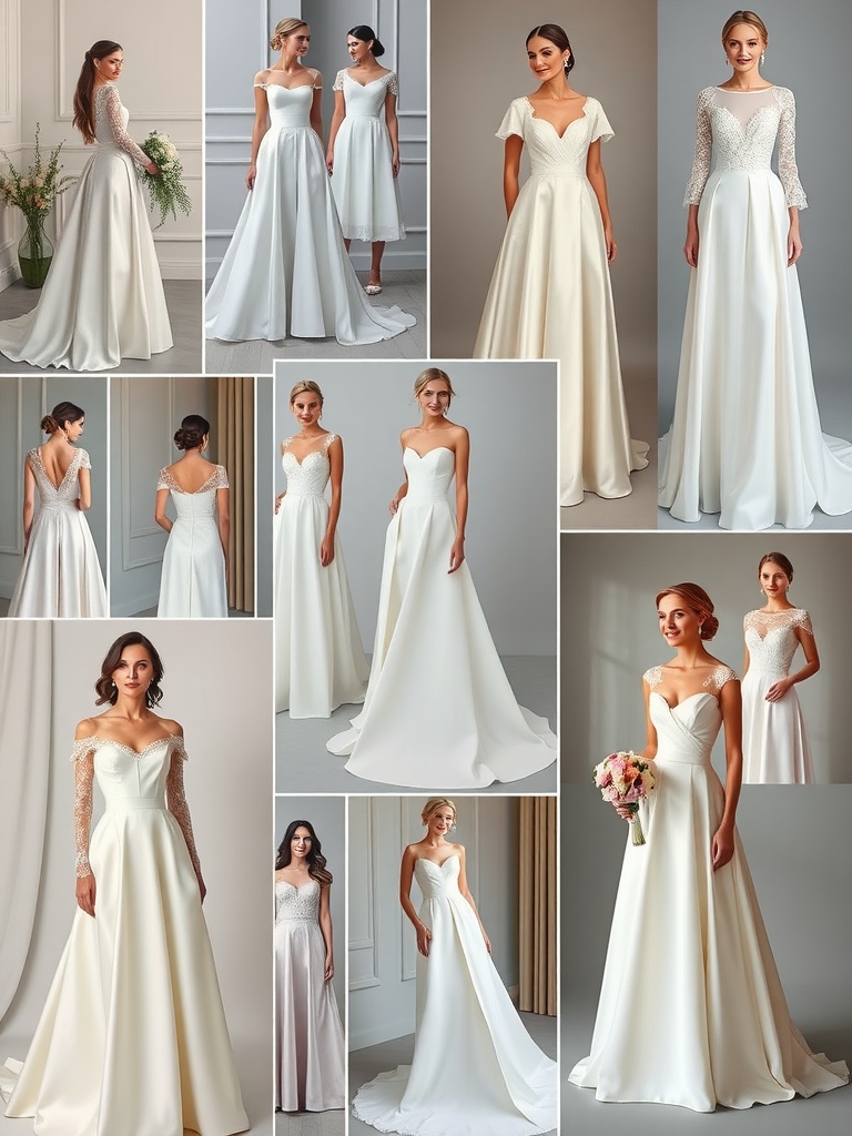 A collage of various A-line wedding dresses showcasing different styles, fabrics, and designs, illustrating the versatility of the silhouette.